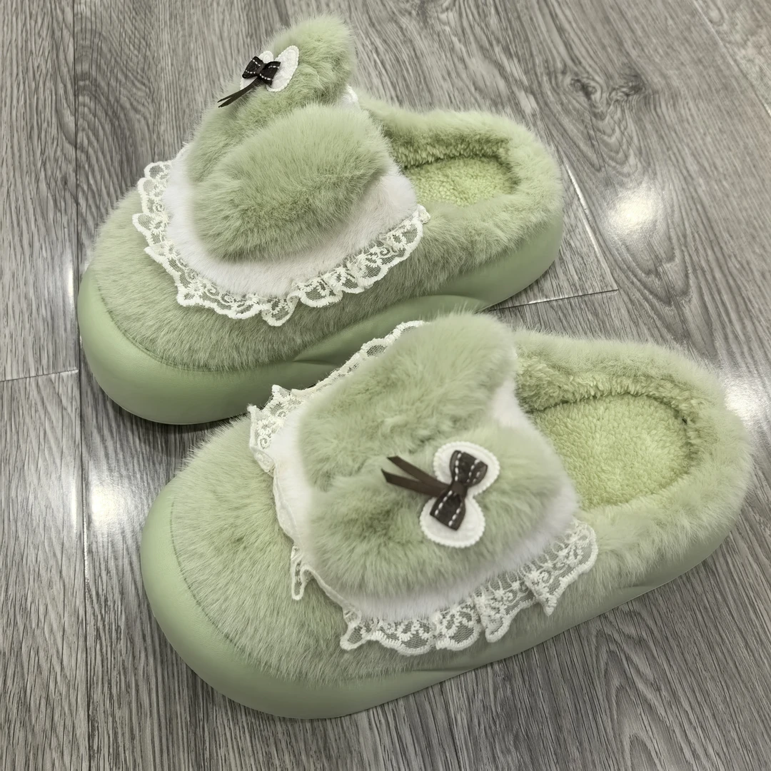 少女心棉拖鞋女冬季可爱蕾丝蝴蝶结室内居家防滑毛绒保暖厚底拖鞋