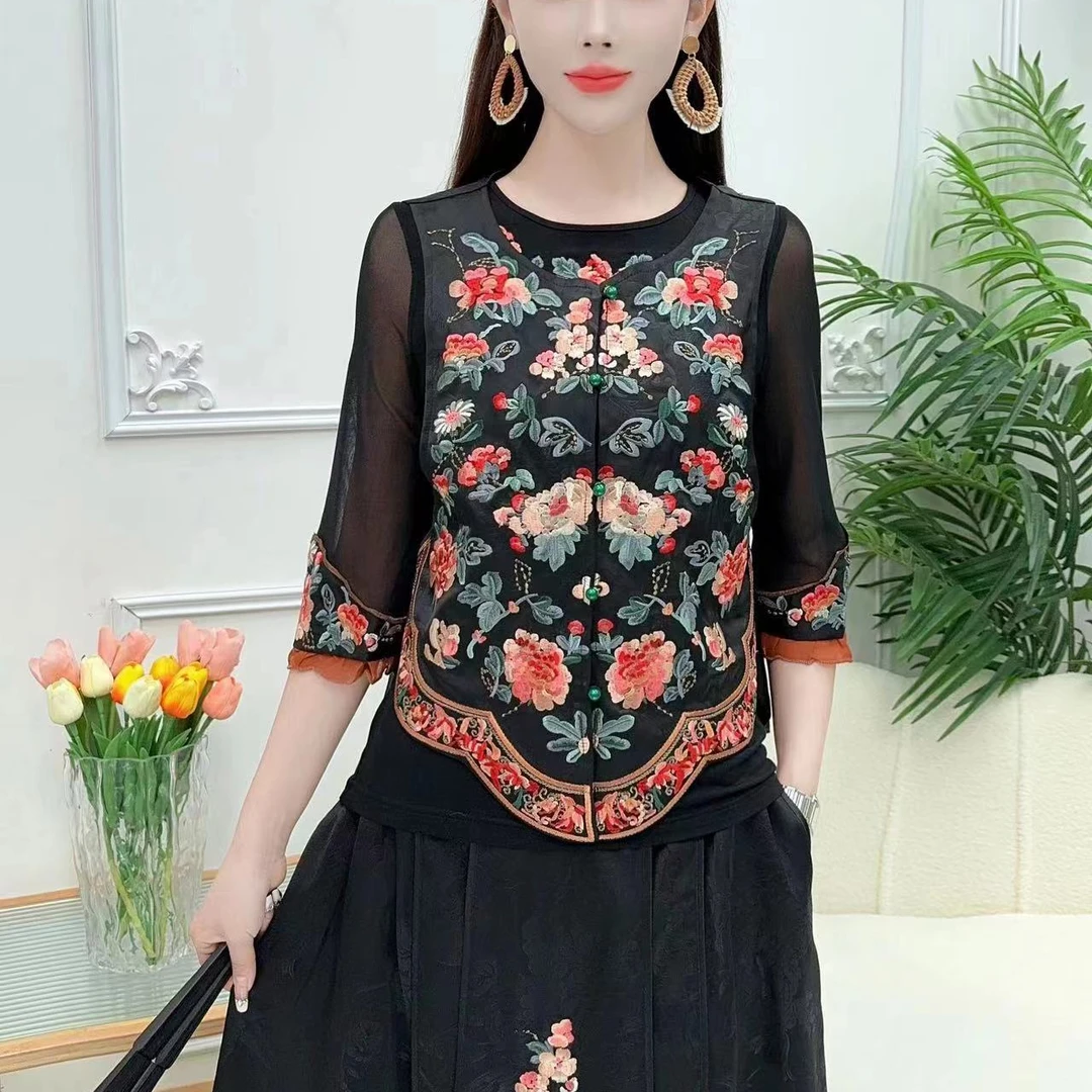 【爱漂亮】时尚夏款显瘦大码马夹夏季复古宽松印花民族风圆领8570