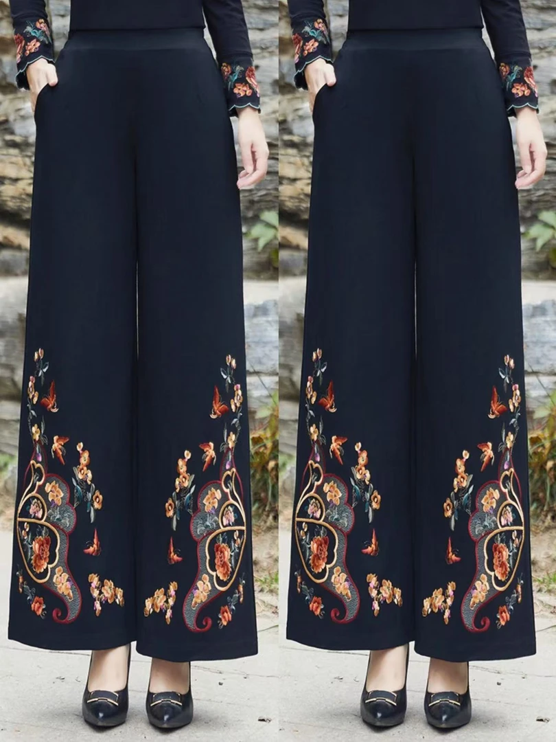 【爱漂亮】秋冬款百搭复古阔腿中式绣花蝴蝶刺绣民族风2483大码