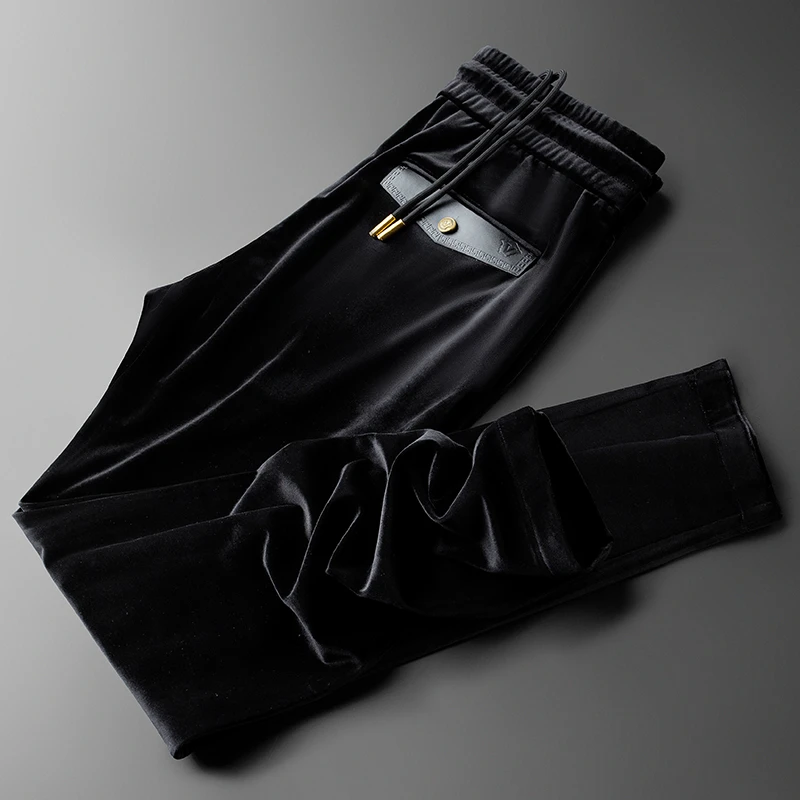 轻奢高端秋冬季厚款保暖柔软金丝绒裤男修身黑色束脚卫裤男士休闲