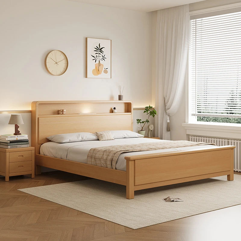 北欧榉木全实木床现代简约夜光灯双人大床1.8米主卧婚床工厂直销