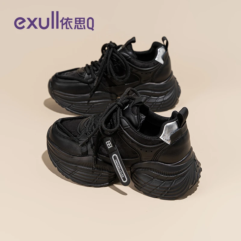 依思Q黑色老爹鞋女2025新款秋季厚底增高透气松糕女鞋百搭小黑鞋