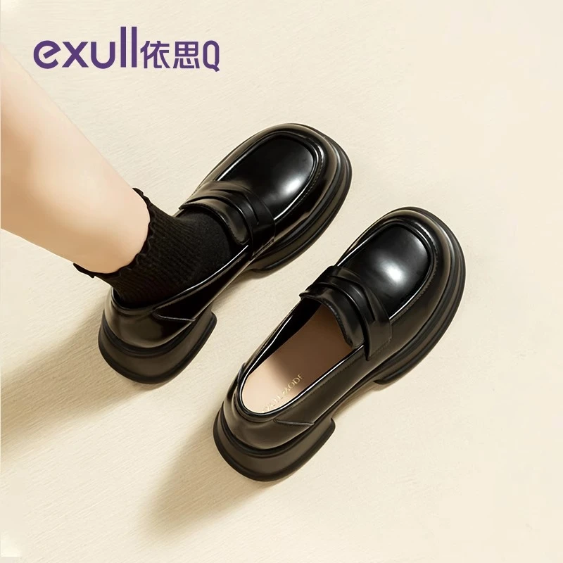 依思Q厚底乐福鞋女2025新款爆款黑色百搭鞋子女英伦风小皮鞋女鞋