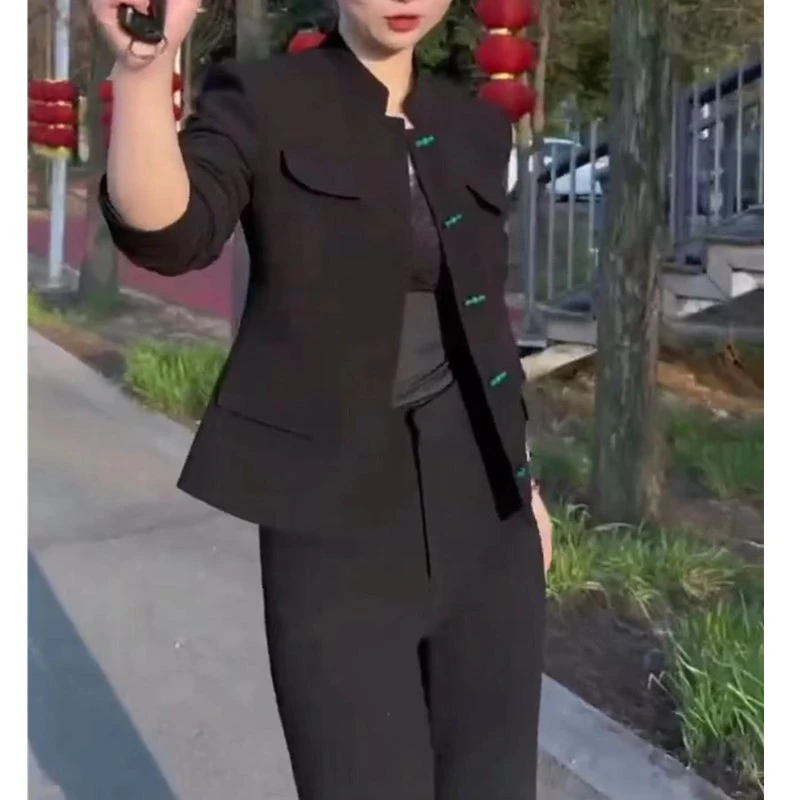 春季新款时尚新中式国风盘扣上衣微喇休闲裤女1