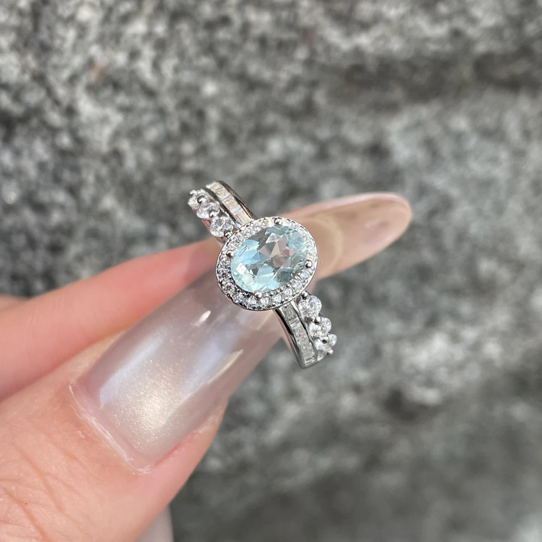 天然海蓝宝戒指小众女款珠宝首饰蛋面s925活口镶嵌双十一轻奢简约