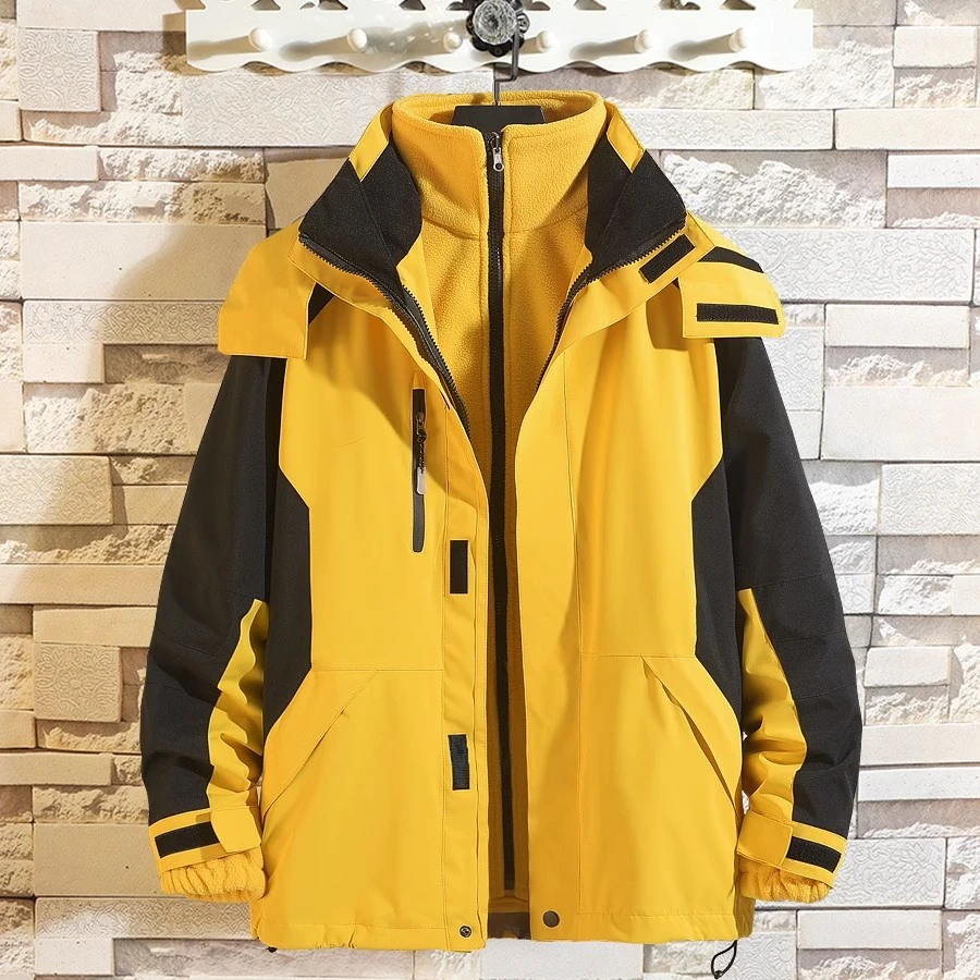 黄色连帽户外三防冲锋衣男女三合一加绒加厚外套登山服冬季滑雪服