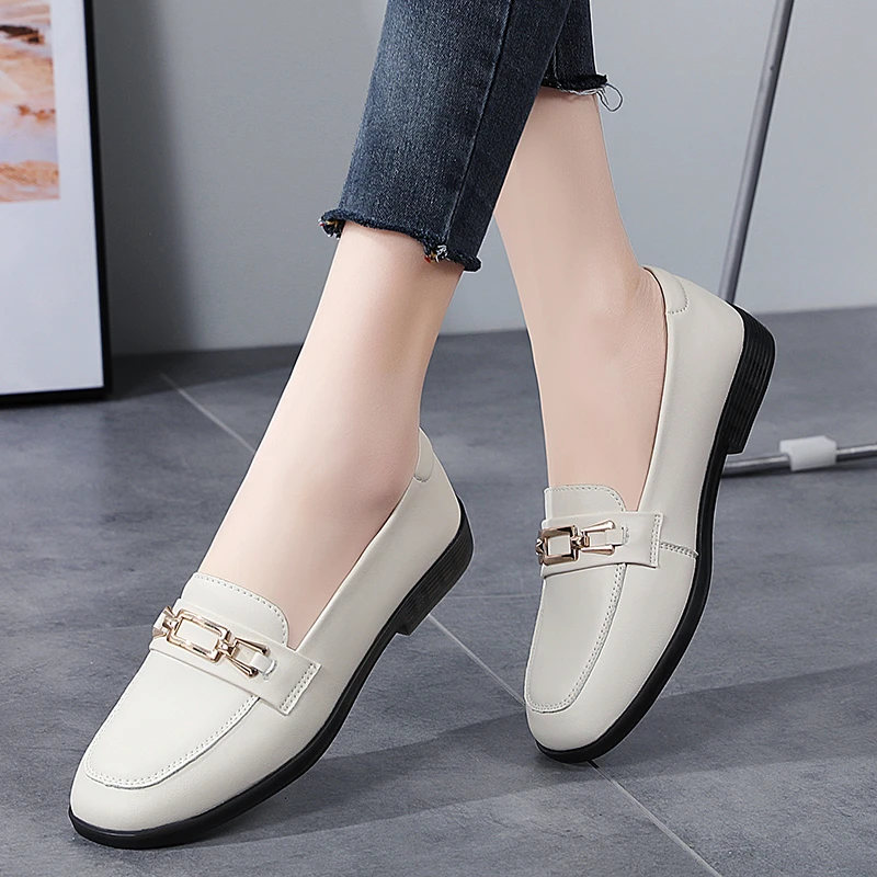 真皮舒适防滑豆豆鞋工作单鞋春秋平底女鞋圆头软底百搭浅口妈妈鞋