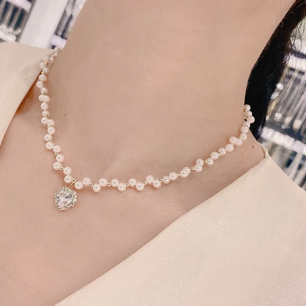 铜合金仿珍珠项链 波浪小米珠爱心珠珠项链甜美时尚CX003