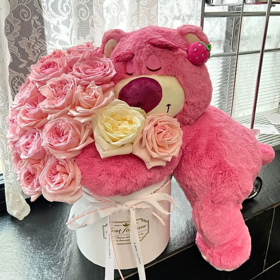 草莓熊玩偶花束玫瑰永生花香皂花七夕生日礼物送女朋友情人节礼物