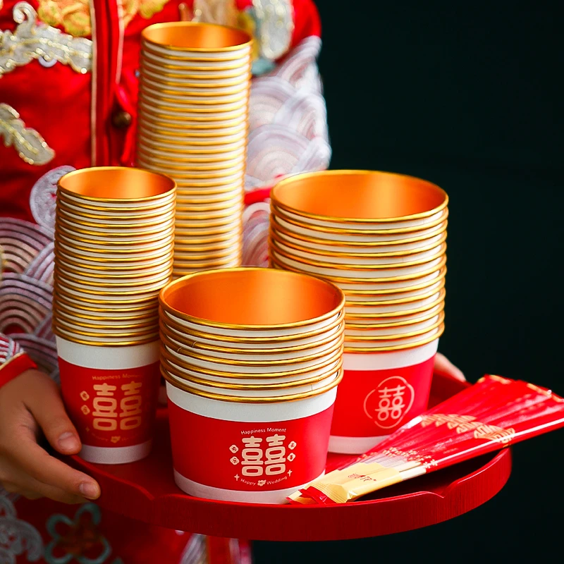 菲寻一次性纸碗结婚加厚金箔喜碗筷套装婚庆用品婚礼婚宴餐具纸杯