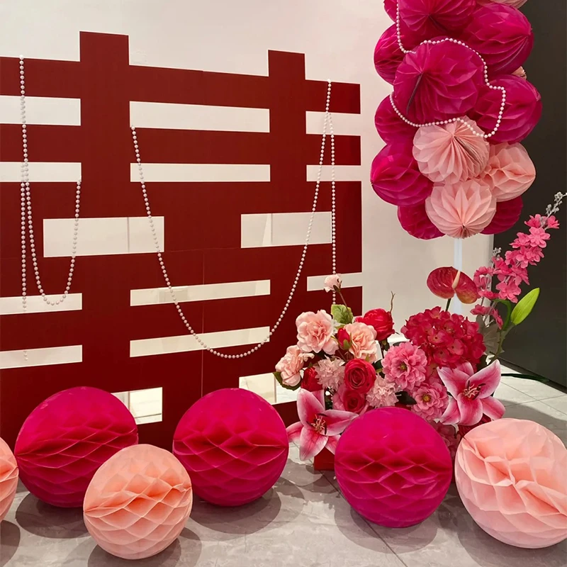 菲寻结婚蜂窝球立柱装饰品灯笼红色新房客厅卧室婚房布置套装婚礼