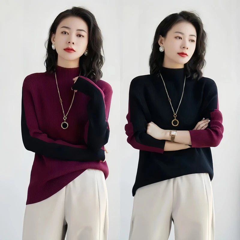 冬季厚款毛衣女半高领宽松保暖韩系针织衫新款拼色两面穿打底上衣