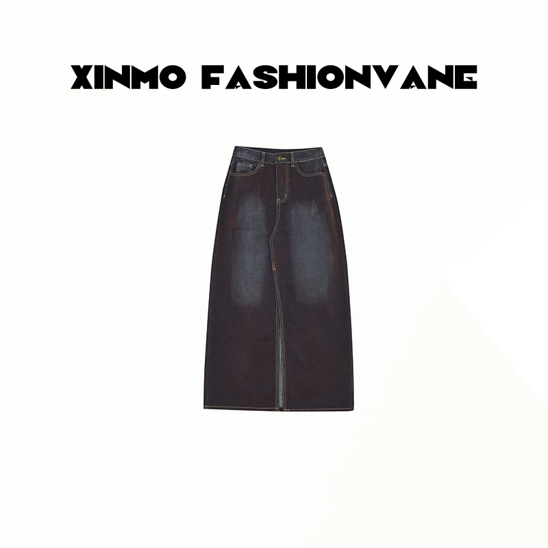 【XINMO买手店】高腰显瘦百搭复古水洗做旧开叉牛仔半身裙C24092702
