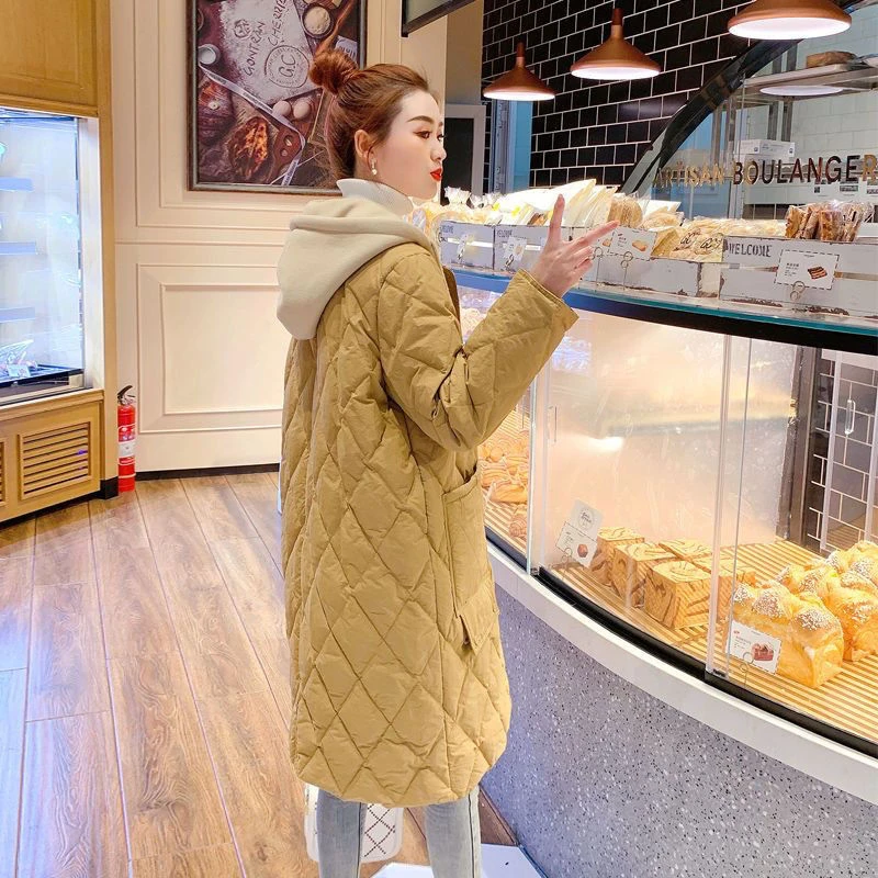 2024冬季新款夹棉百搭棉服女过膝中长款菱形格子宽松大码连帽外套