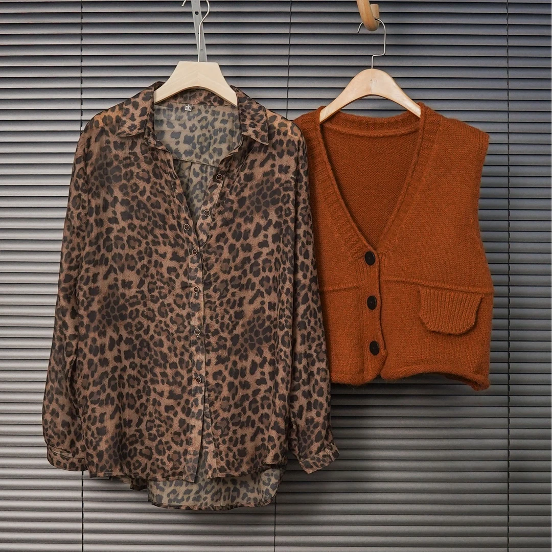 气质洋气针织衫加豹纹衬衫套装 3118-10-2440