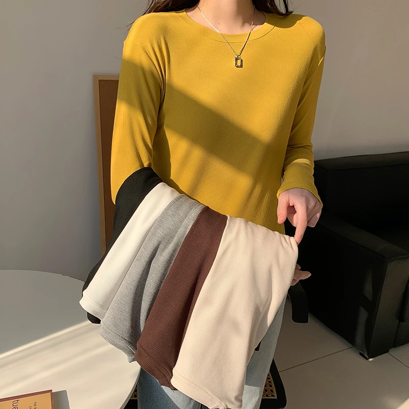 螺纹莫代尔长袖t恤女春秋新款薄款百搭圆领内搭纯色显瘦半袖上衣