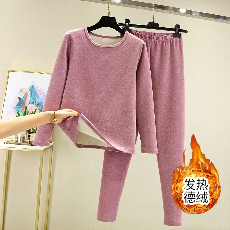 女士德绒保暖套装秋冬双面绒磨毛打底秋衣秋裤大码加绒加厚两件套