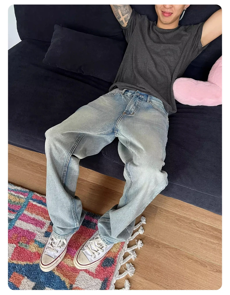 美式复古501风格vintage冰蓝直筒男生牛仔裤子雪花纹夏季休闲裤男