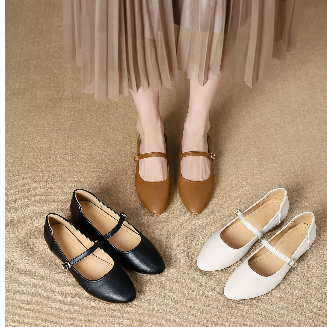 手工牛皮单鞋女春秋新款真皮极简复古风低跟一字带玛丽珍软底单鞋