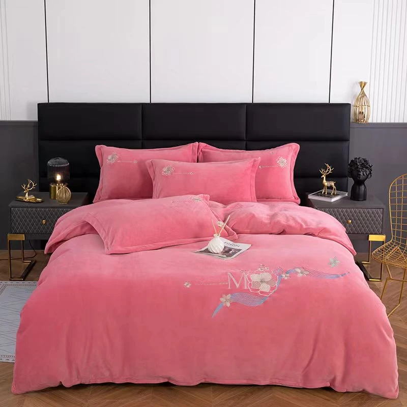 【不老的爷爷家居】单品高克重绣花牛奶绒刺绣四件套—【暗香】豆沙