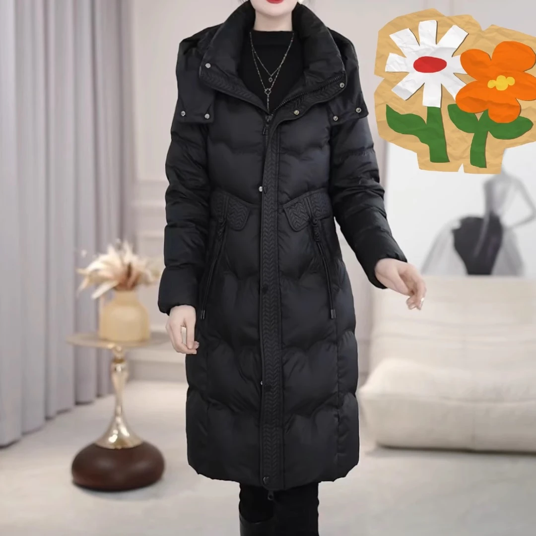 2025新款冬季时尚中长款外套过膝加厚保暖修身连帽白鸭绒羽绒服女