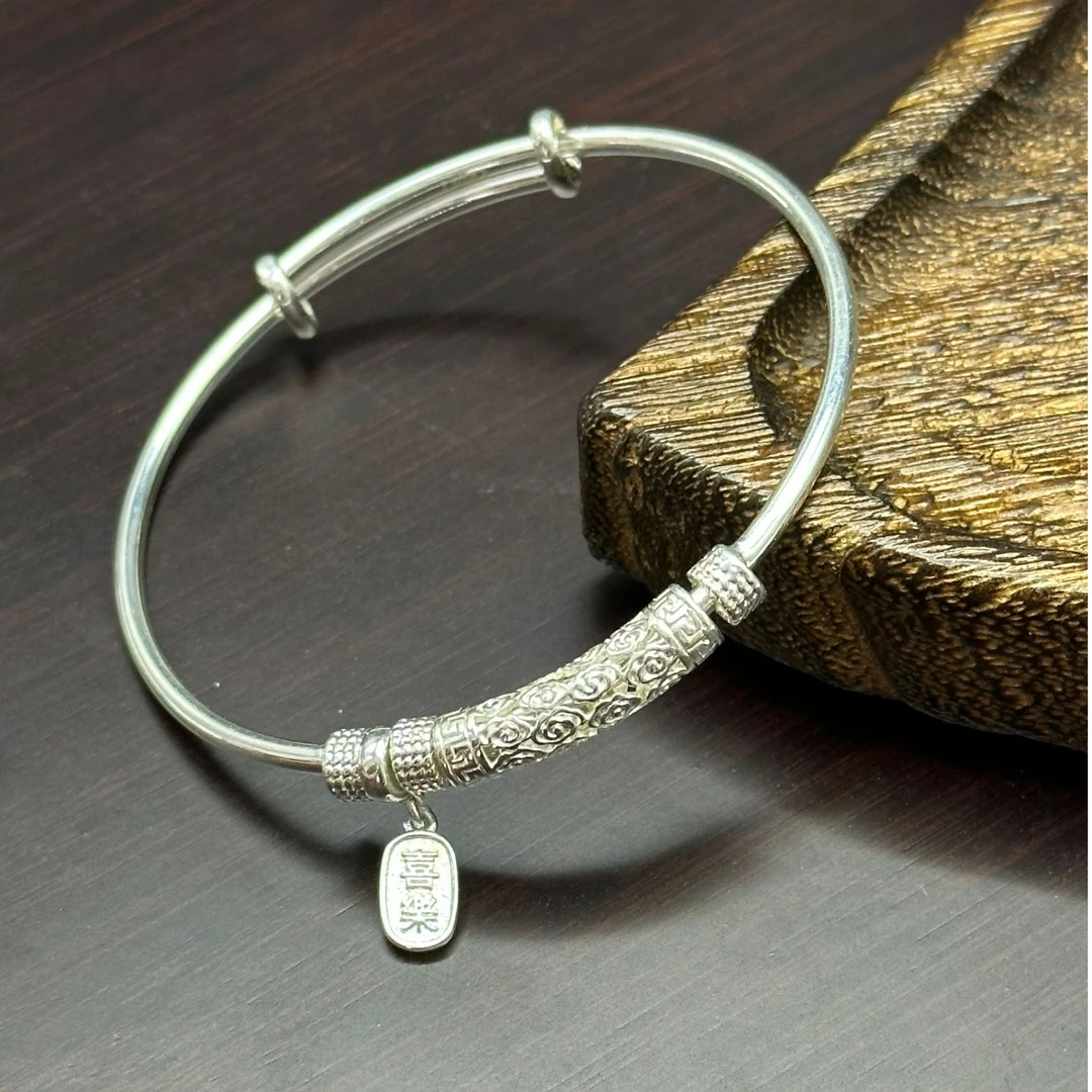 足银手镯 999.9实心祥云手镯 平安喜乐镯 推拉款实心气质手镯百搭