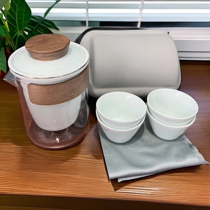 望月茶器.影青描金全瓷过滤4杯快客旅行套装