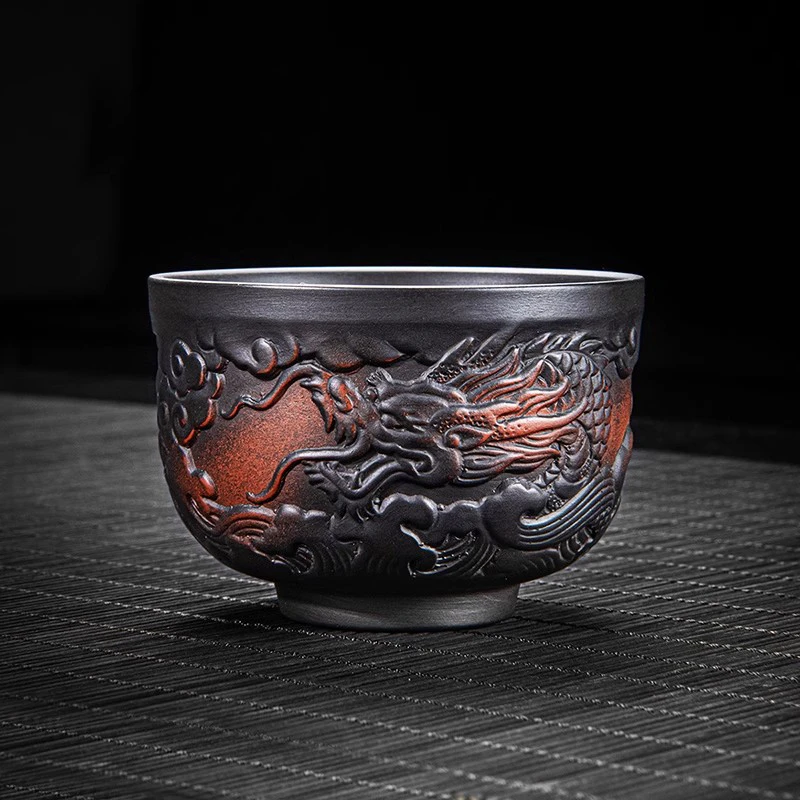 紫陶祥龙浮雕茶杯主人杯单杯高档个人专用功夫茶具瓷品茗杯龙纹杯