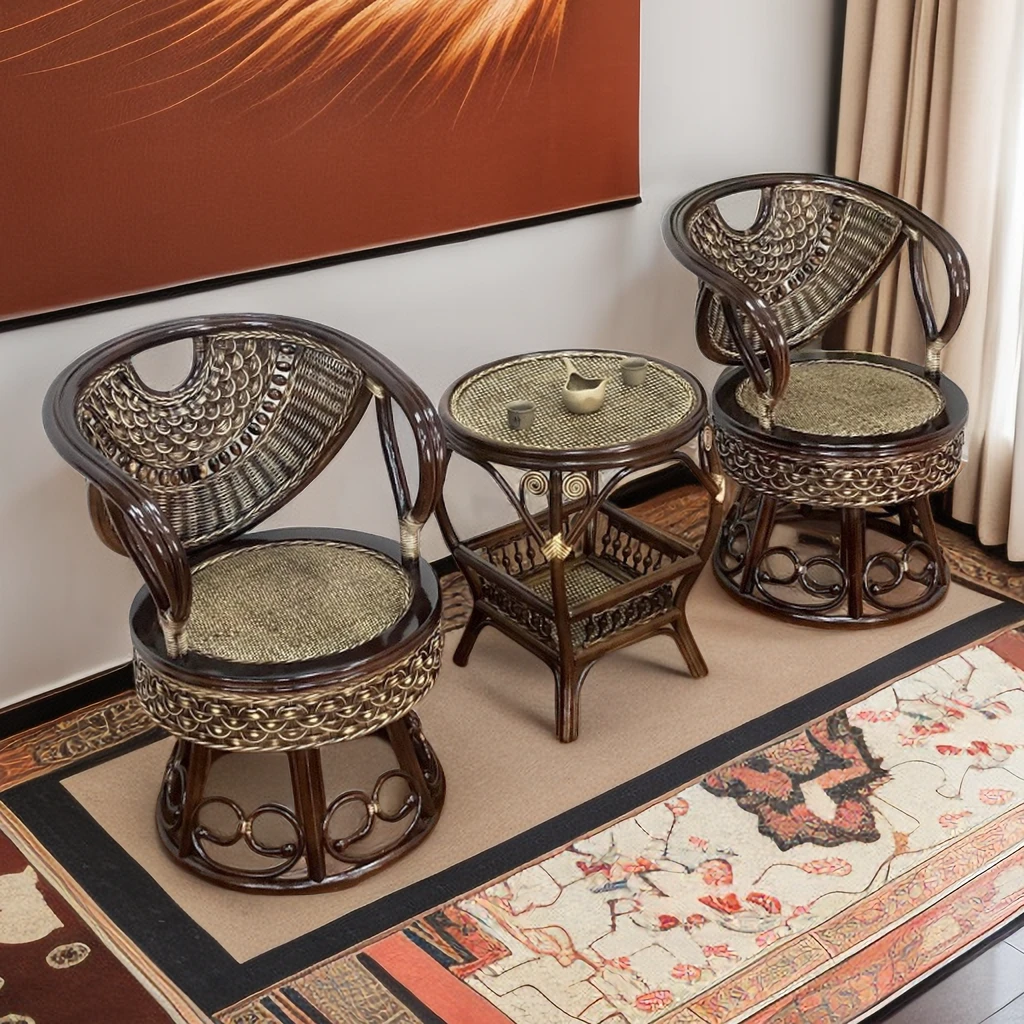 天然全真藤椅三件套喝茶桌椅组合阳台旋转滕椅单人靠背椅腾编圈椅