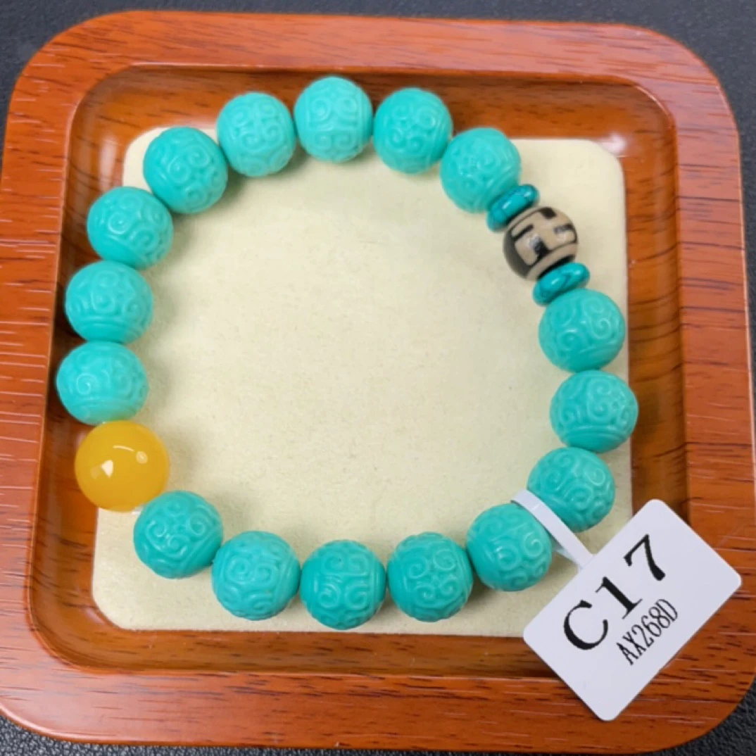 【人工处理】C17湖北十堰人工处理绿松石手串回纹DIY12mm