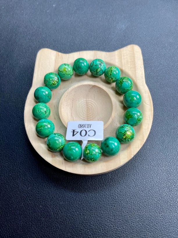 【人工处理】 C04湖北十堰人工处理绿松石手串水草色圆12mm