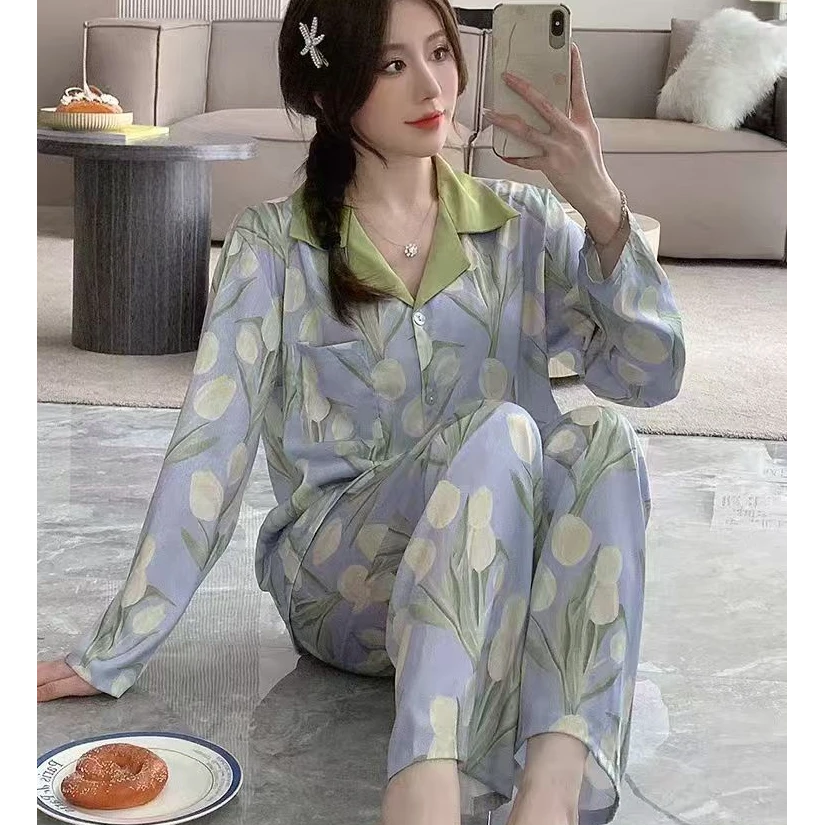 Y72 郁金香 新款休闲风时尚百搭蓝色睡衣家居服短袖套装夏秋季