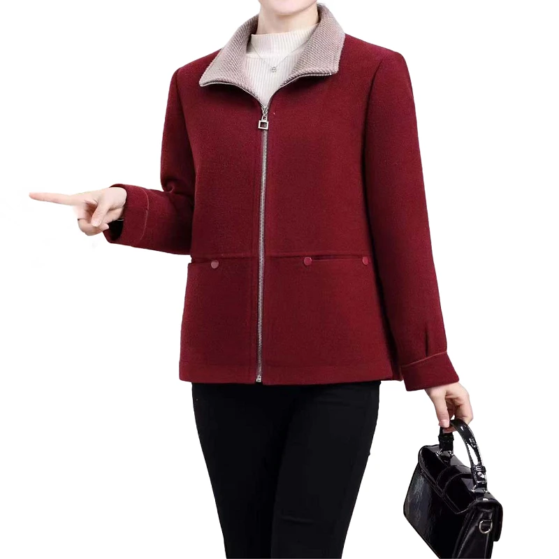 翻领女装加厚时尚开衫毛呢内胆羽绒秋冬款妈妈装