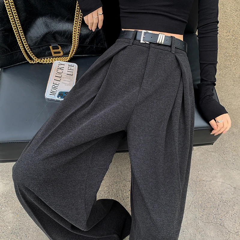 显高毛呢阔腿裤女2024秋冬高腰呢子休闲咖啡色裤子拖地直筒拖地裤