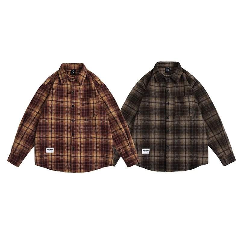 秋季日系复古毛呢撞色格子衬衫男翻领长袖加厚衬衣外套潮