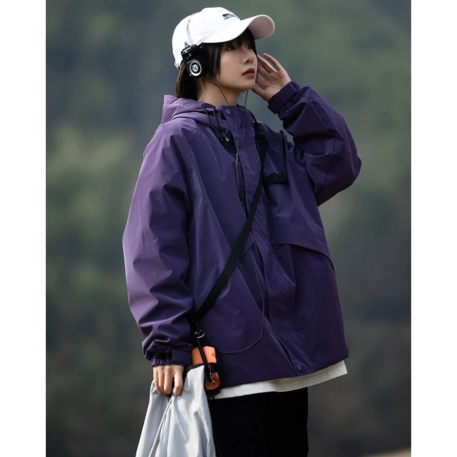 307春季新款连帽宽松休闲带挎包山系户外风夹克男潮魔术贴冲锋衣