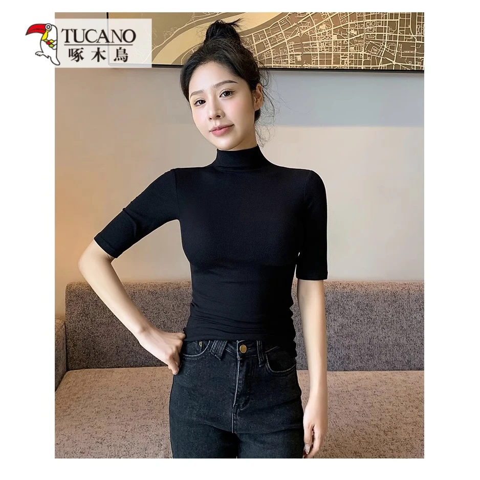 啄木鸟春秋夏新款纯色半高领中袖气质T恤女修身洋气内搭显瘦上衣