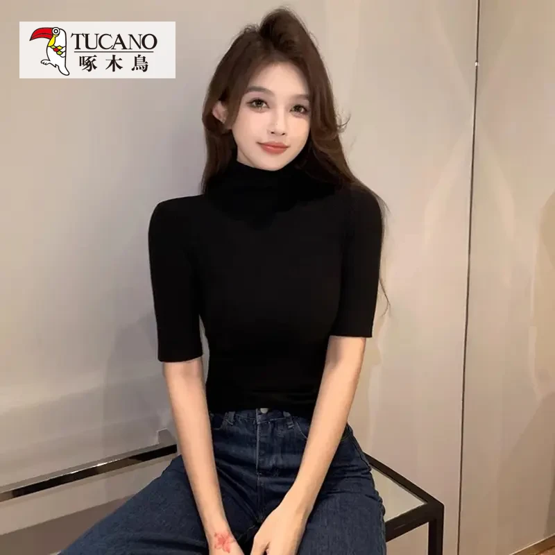 啄木鸟春秋黑色气质半高领中袖T恤女修身内搭气质外穿打底衫上衣