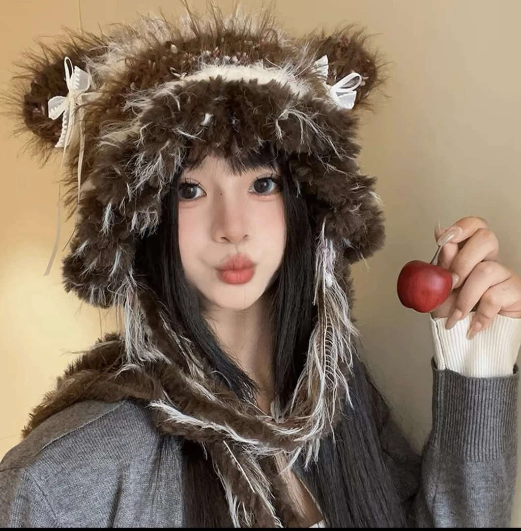 甜美条纹拼接针织毛线帽子女2024新款蝴蝶结加厚花瓣帽檐护耳帽女