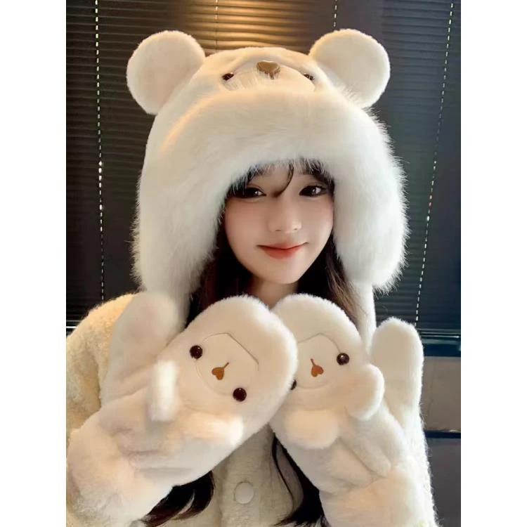 冬季帽子女款爆款2024新款网红款秋冬毛茸茸加厚保暖小熊帽手套
