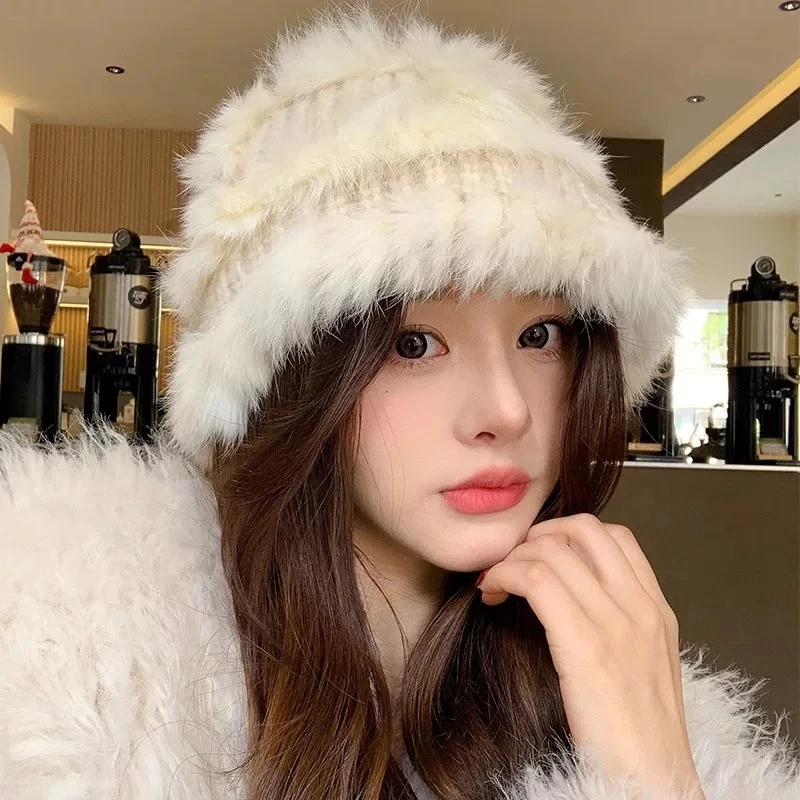 兔毛帽子女秋冬显脸小加厚保暖毛绒针织帽宽松大头围毛线渔夫盆帽