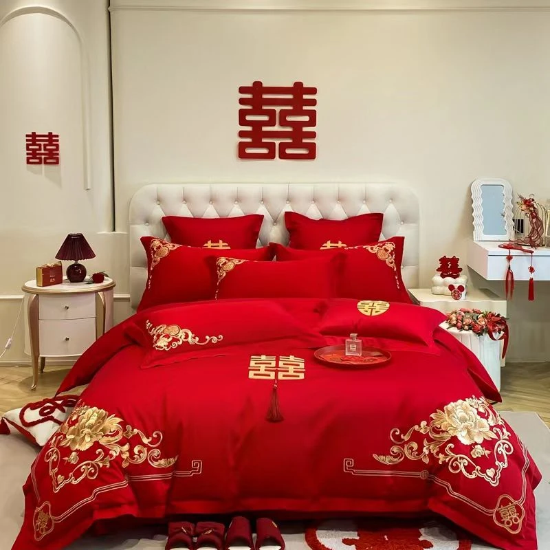 新中式120支简约大方大红正红斜纹棉刺绣绣花四件套婚房