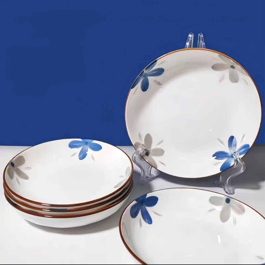 6只装7英寸墨兰花沙拉盘小清新盘手绘菜盘家用网红圆形釉下彩盘子