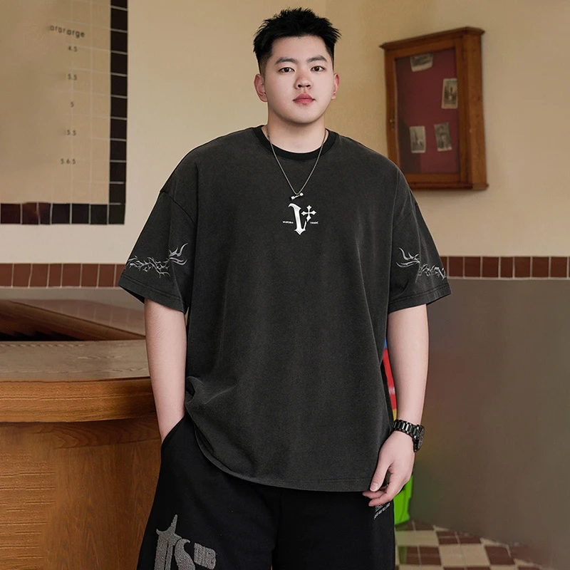 2024夏季新款复古水洗短袖T恤男士潮牌胖子宽松大码休闲半袖上衣