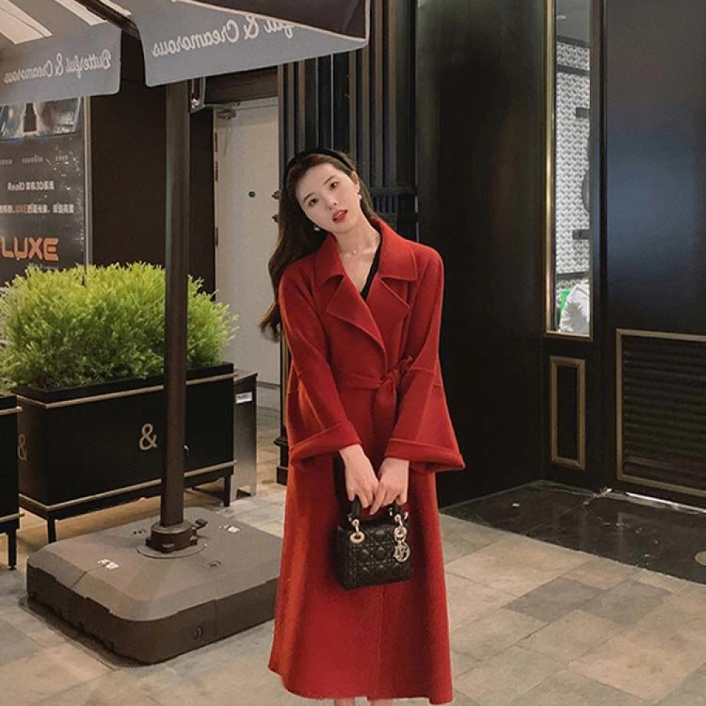 羊绒双面呢大衣红色新款2024爆款慵懒风羊毛呢外套女中长款秋冬女