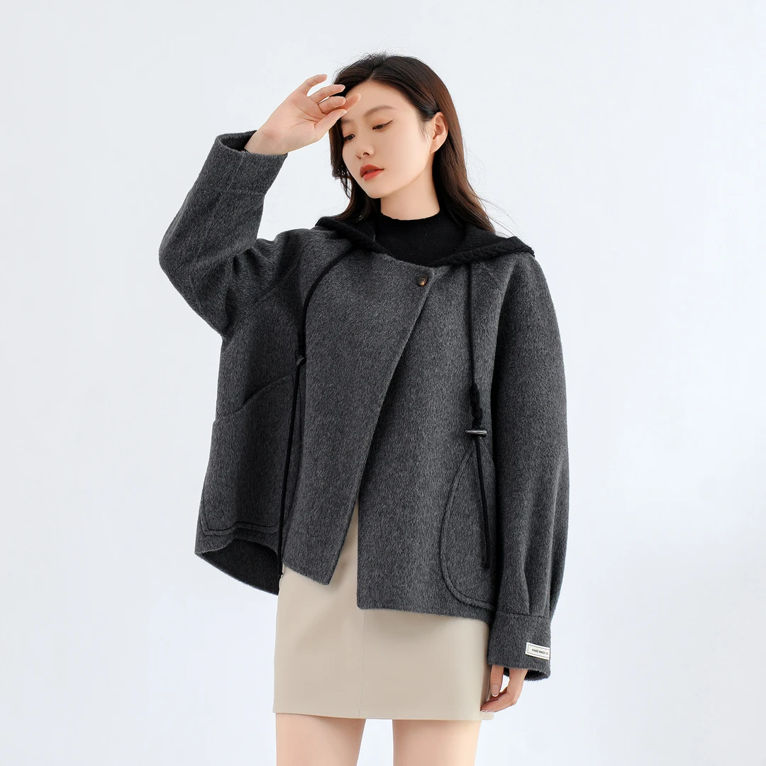 秋冬新款连帽小个子双面呢外套气质上衣纯羊毛宽松双面羊毛大衣厚