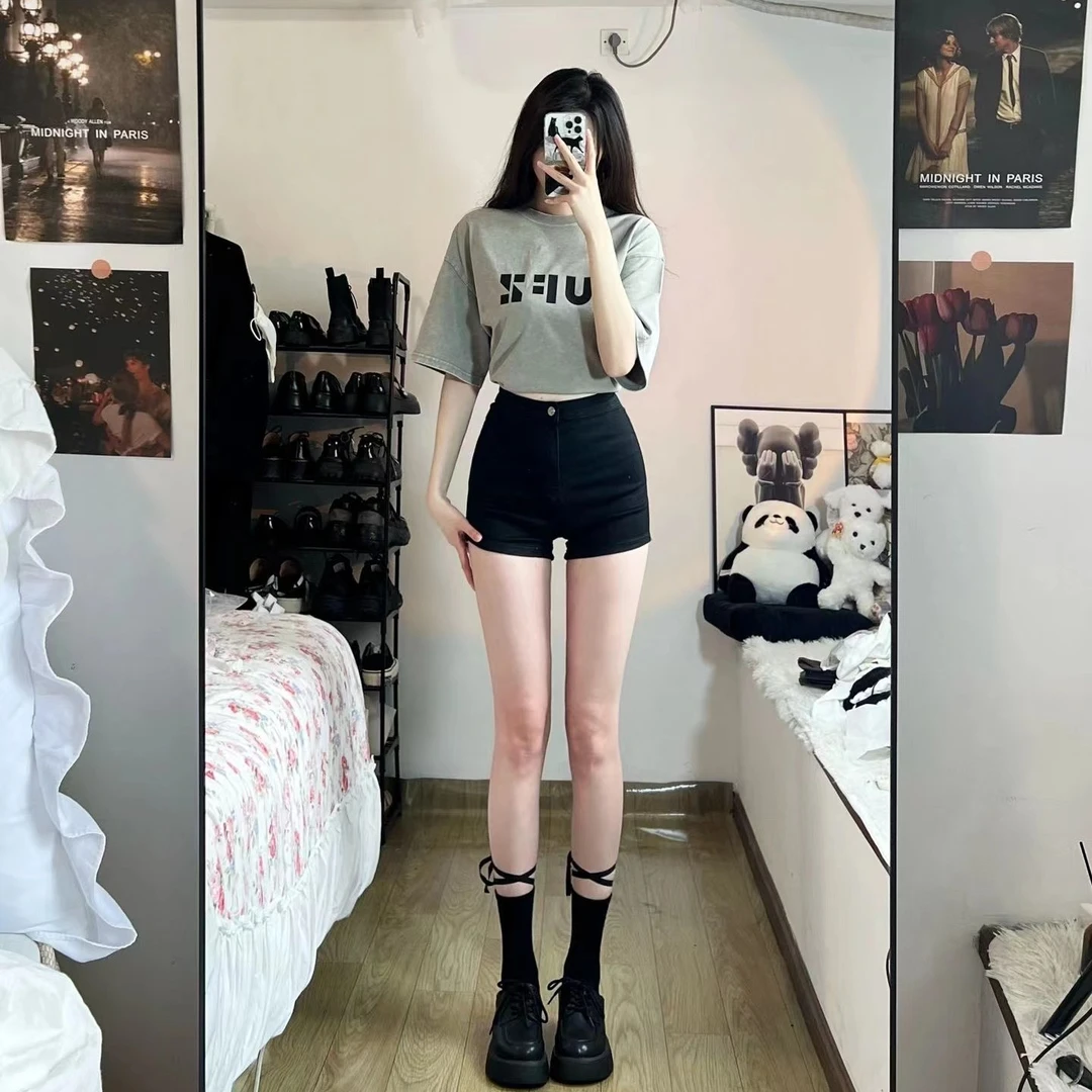 黑色高腰牛仔短裤女春秋辣妹打底外穿夏季爆款热裤子紧身热裤短裤