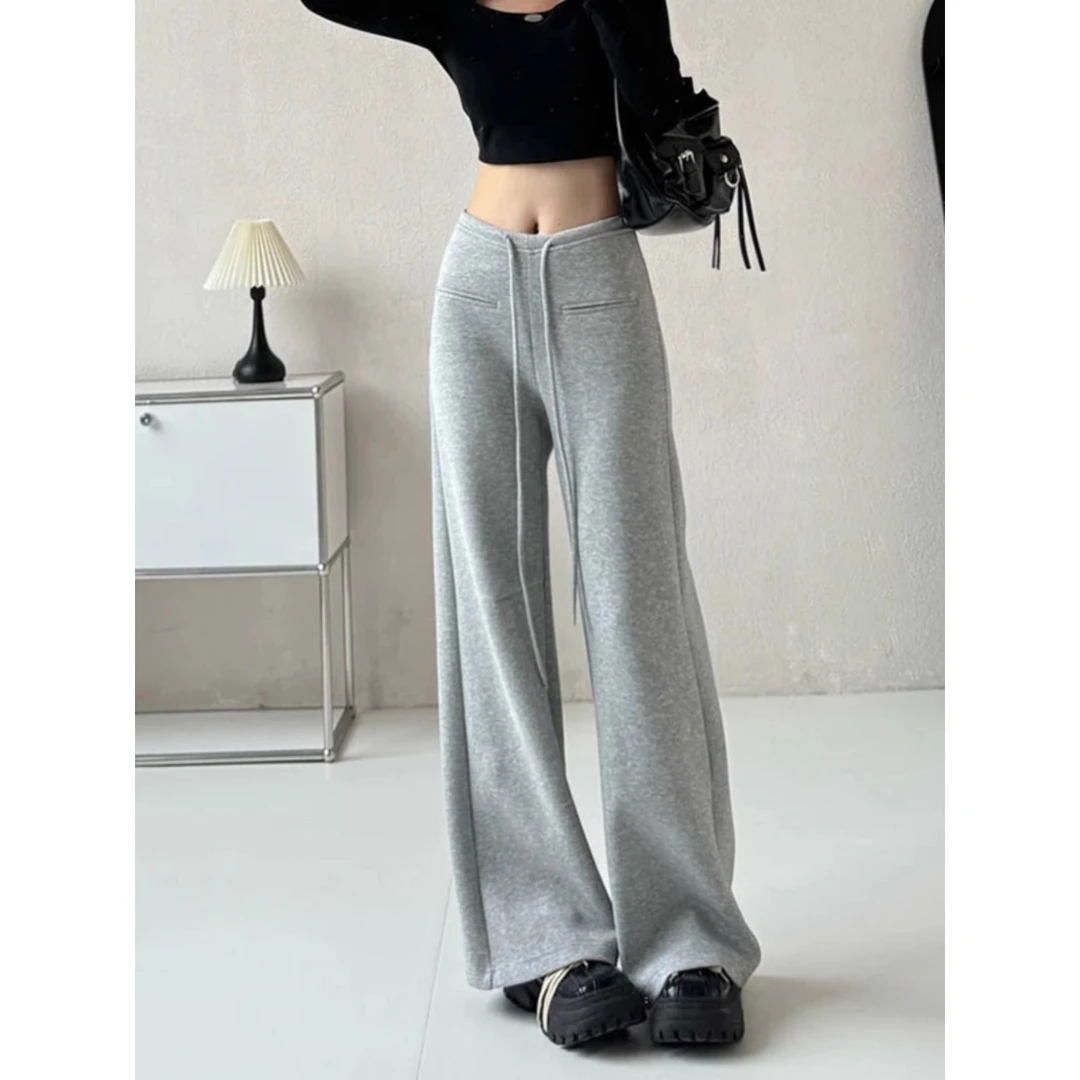 浅灰色直筒阔腿宽松休闲裤女秋冬2024新款显瘦窄版高腰垂感拖地裤