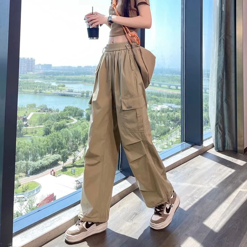 春夏季新款美式登山工装裤女冰丝薄款高腰显瘦束脚休闲阔腿运动裤