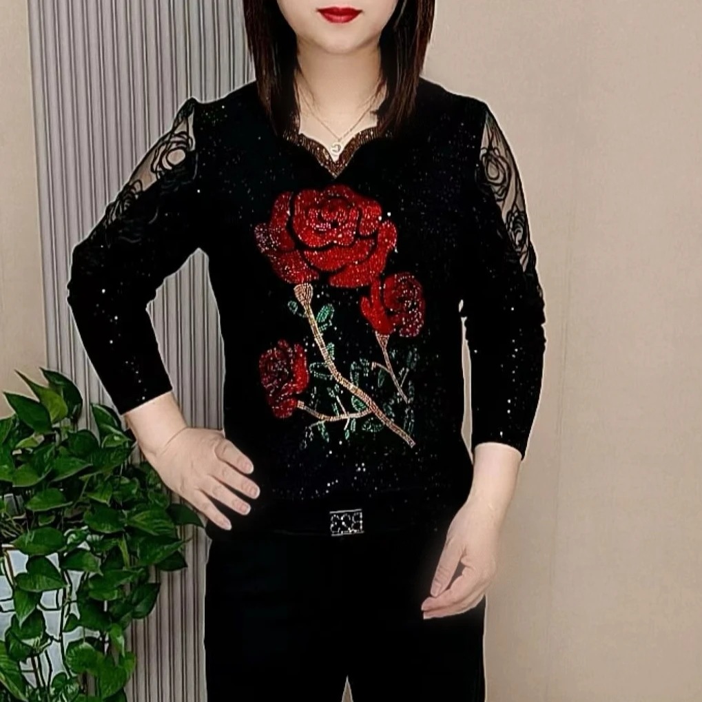 时尚洋气妈妈装百搭高贵气质V领烫钻显瘦减龄打底小衫长袖上衣女